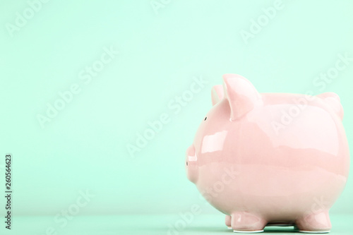 Canvastavla Pink piggy bank on mint background