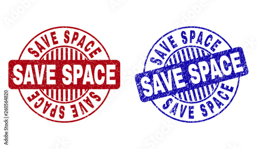 Grunge SAVE SPACE round stamp seals isolated on a white background. Round seals with grunge texture in red and blue colors. Vector rubber overlay of SAVE SPACE caption inside circle form with stripes.