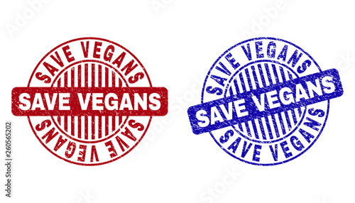 Grunge SAVE VEGANS round stamp seals isolated on a white background. Round seals with grunge texture in red and blue colors. Vector rubber imprint of SAVE VEGANS title inside circle form with stripes.