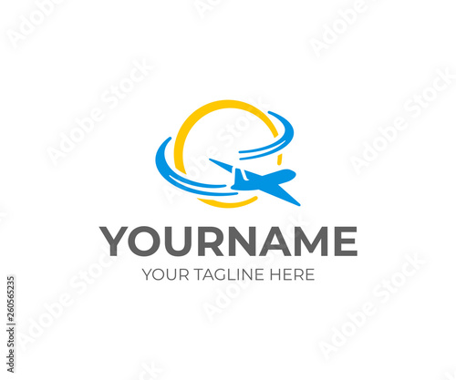 Travel logo design. Plane flies around the Earth planet vector design. Airplane and globe logotype