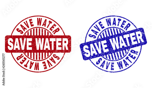 Grunge SAVE WATER round stamp seals isolated on a white background. Round seals with grunge texture in red and blue colors. Vector rubber imprint of SAVE WATER tag inside circle form with stripes.