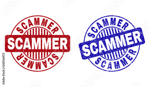 Grunge SCAMMER round stamp seals isolated on a white background. Round seals with grunge texture in red and blue colors. Vector rubber imprint of SCAMMER title inside circle form with stripes.