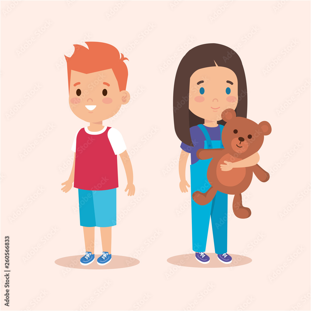 girl and boy with teddy and casual clothes girl and boy with teddy and casual clothes