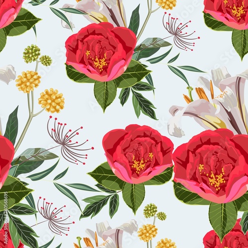 Red peony flowers with grasses and herbs bouquet seamless pattern. Watercolor style Illustration. Blue background. Trendy spring flower wallpaper or fabric.