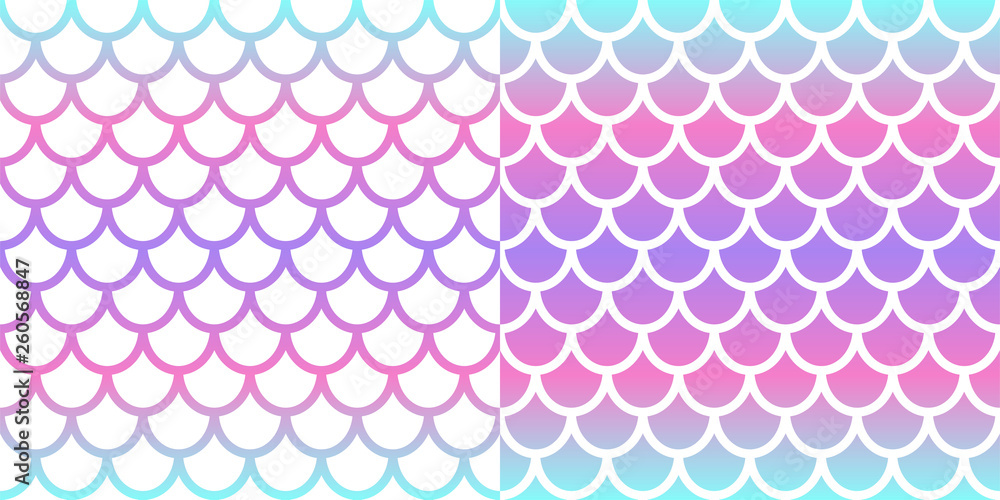 Mermaid seamless pattern set. Pink and blue holographic mermaid scale background. Fish scale pattern. Vector Mermaid seamless pattern set. Pink and blue holographic mermaid scale background. Fish scale pattern. Vector