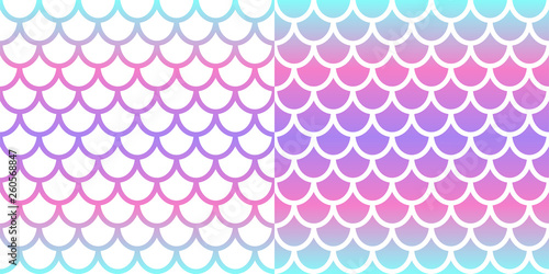 Mermaid seamless pattern set. Pink and blue holographic mermaid scale background. Fish scale pattern. Vector