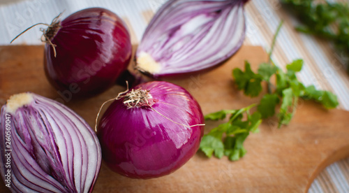 Close-up of red onions with fresh cilantro on cutting board 