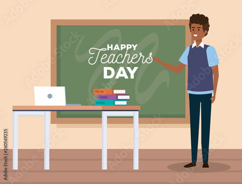 man teacher with blackboard to celebration holiday