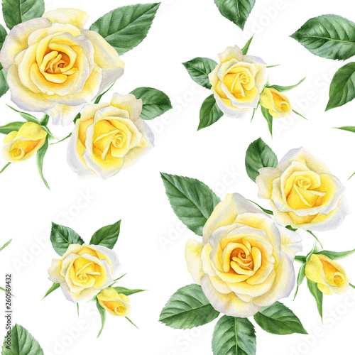 Seamless pattern with yellow roses and leaves. Watercolor hand drawn background.