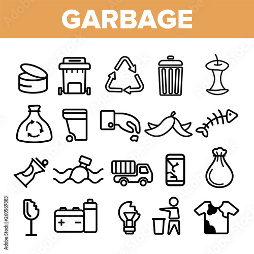 Garbage Recycling Linear Vector Icons Set. Trash, Garbage Thin Line Contour Symbols Pack. Earth Pollution Pictograms Collection. Environment Contamination. Hazardous Waste Outline Illustrations
