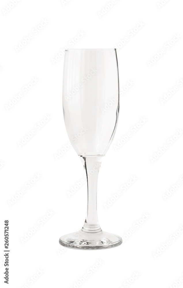 Empty transparent champagne glass isolated on white background. Crystal tableware for alcoholic drink