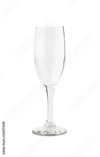 Empty transparent champagne glass isolated on white background. Crystal tableware for alcoholic drink