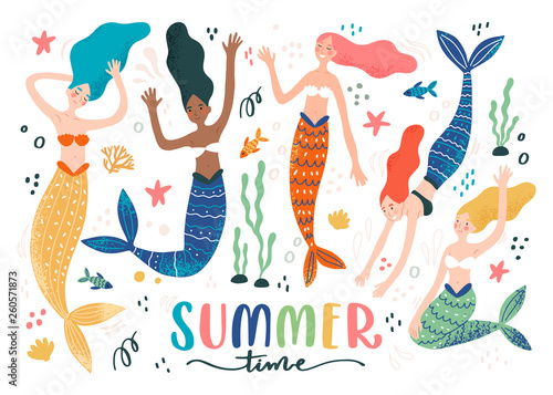 Colorful set with funny swimming mermaids, on white background with fish, sea star and inscription - summer time