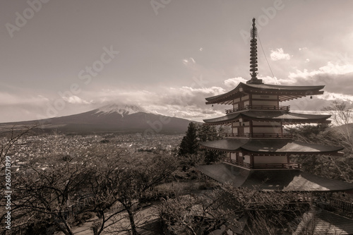 Japan view of Mt Fuji and chureito pagoda in spring season with cherry blossoms concept for fujisan japanese nature landmark, snow on top mountain scenery view, Japan landscape day time in sepia