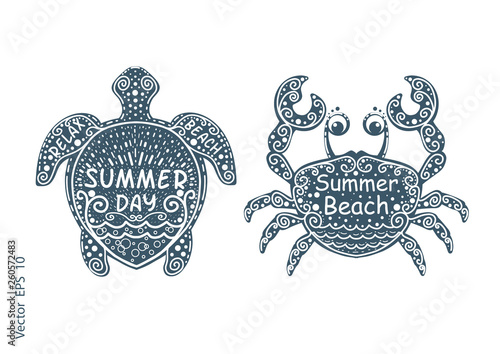 Silhouettes sea turtle .Silhouette of sea crab with inscriptions.Summer beach holiday .Summer labels, logos,Vector.