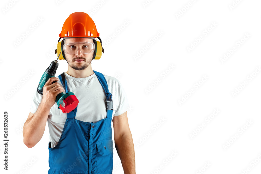 Male construction worker in orange helmet with screwdriver isolated on white background. Concept building, contractor. Male construction worker in orange helmet with screwdriver isolated on white background. Concept building, contractor.