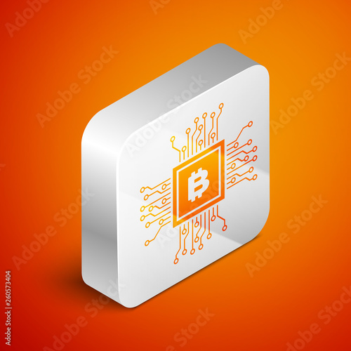 Isometric CPU mining farm icon isolated on orange background. Bitcoin sign inside processor. Cryptocurrency mining community. Digital money. Silver square button. Vector Illustration