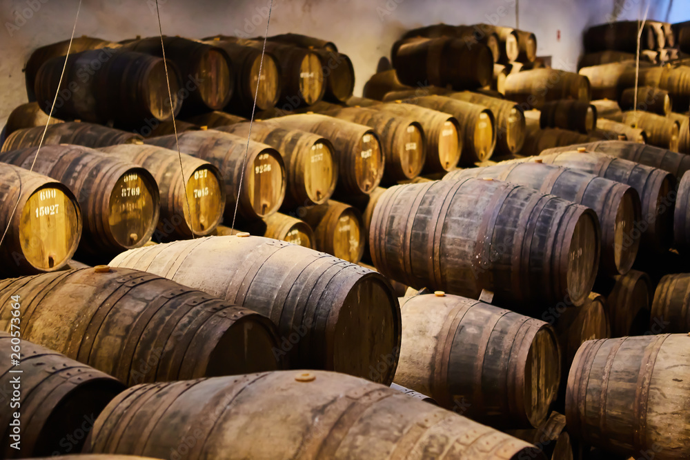 Old aged traditional wooden barrels with wine in a vault lined up in cool and dark cellar in Italy, Porto, Portugal, France