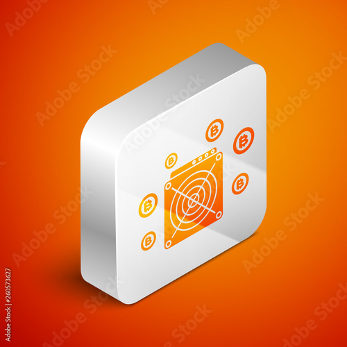 Isometric ASIC Miner icon isolated on orange background. Cryptocurrency mining equipment and hardware. Application specific integrated circuit. Silver square button. Vector Illustration