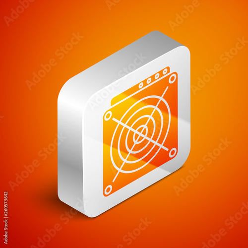 Isometric ASIC Miner icon isolated on orange background. Cryptocurrency mining equipment and hardware. Application specific integrated circuit. Silver square button. Vector Illustration