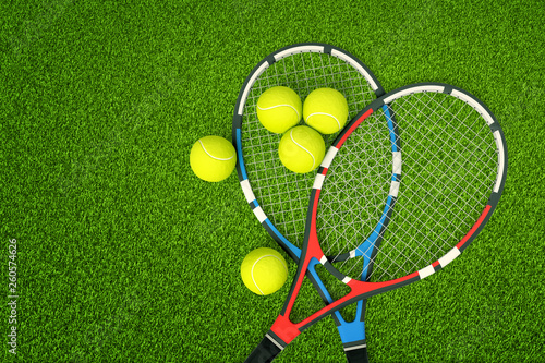 3d rendering of two tennis rackets and yellow tennis balls on green grass background