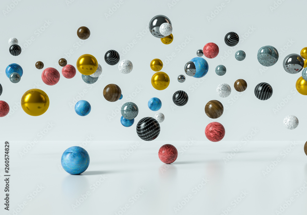 Flowing multicolored spheres. Abstract background with 3d geometric shapes. Modern cover design. Ads banner or brochure template. Trendy dynamic wallpaper - Vector