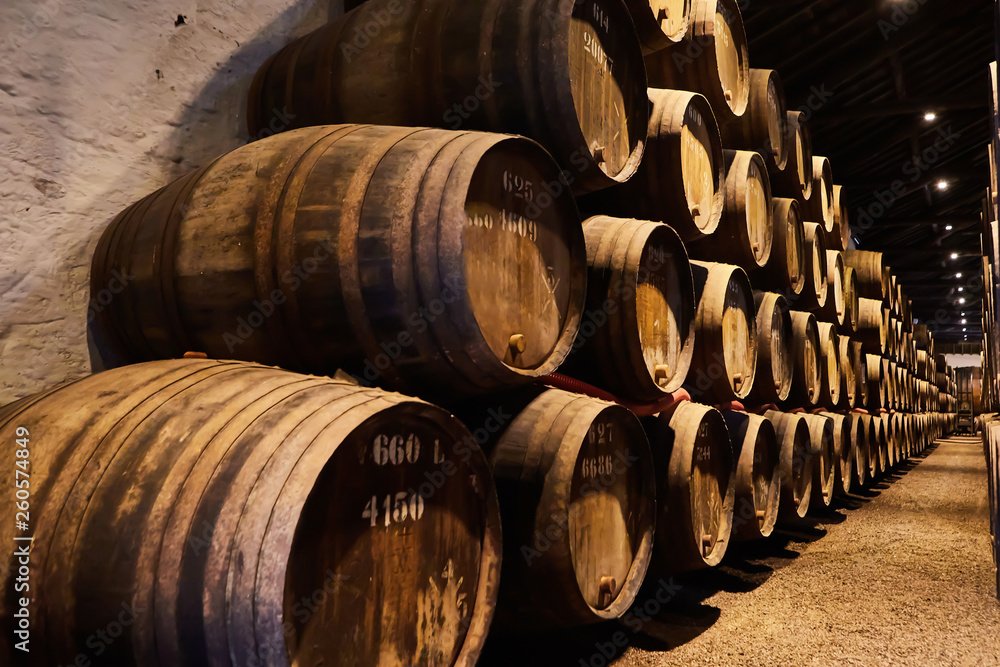 Old aged traditional wooden barrels with wine in a vault lined up in cool and dark cellar in Italy, Porto, Portugal, France