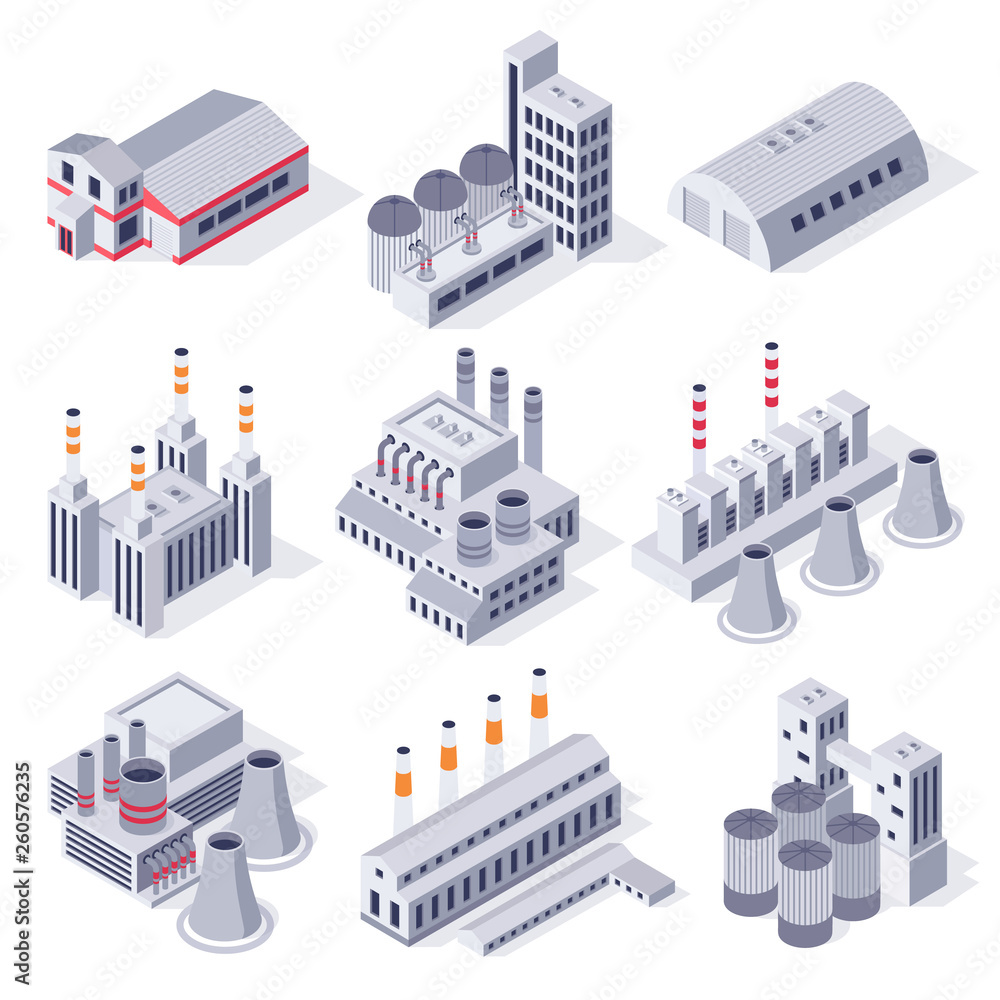Isometric factory buildings. Industrial power plant building, factories warehouse storage and industry estate 3D vector set