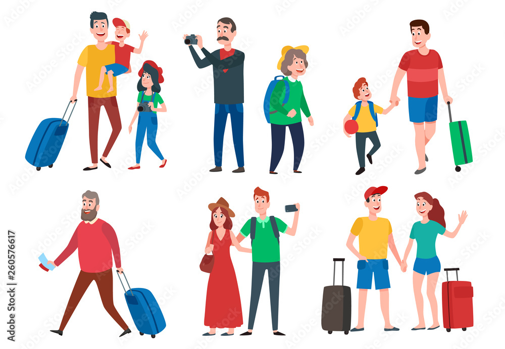 Travel characters. Travelling group, family couple holiday vacation and sightseeing travels tourists cartoon vector set