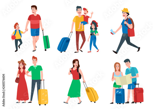 Family vacation. Happy tourist holiday vacations, travel couple and tourists group cartoon vector set
