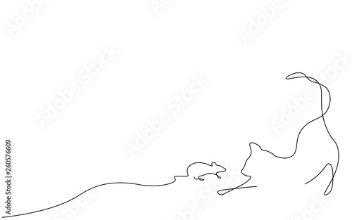 Cat and mouse one line drawing vector illustration