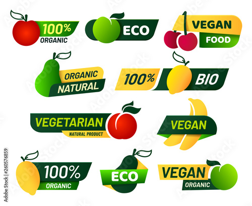 Vegan labels. Green eco food, healthy fresh organic products and vegetarian emblem label vector set