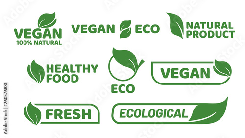 Vegan tag label. Veganism badge logo, vegetarian organic products and organic food badges vector set