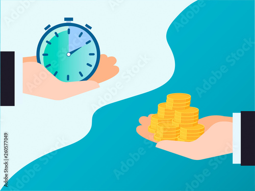 Hand with a handful of coins and hand with a stopwatch, timer, clock in exchange for money.