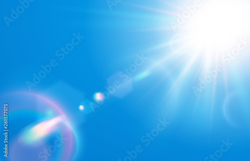 Sun in blue sky. Warm solar lens flare in clear skies, sunny day and sun light rays vector illustration