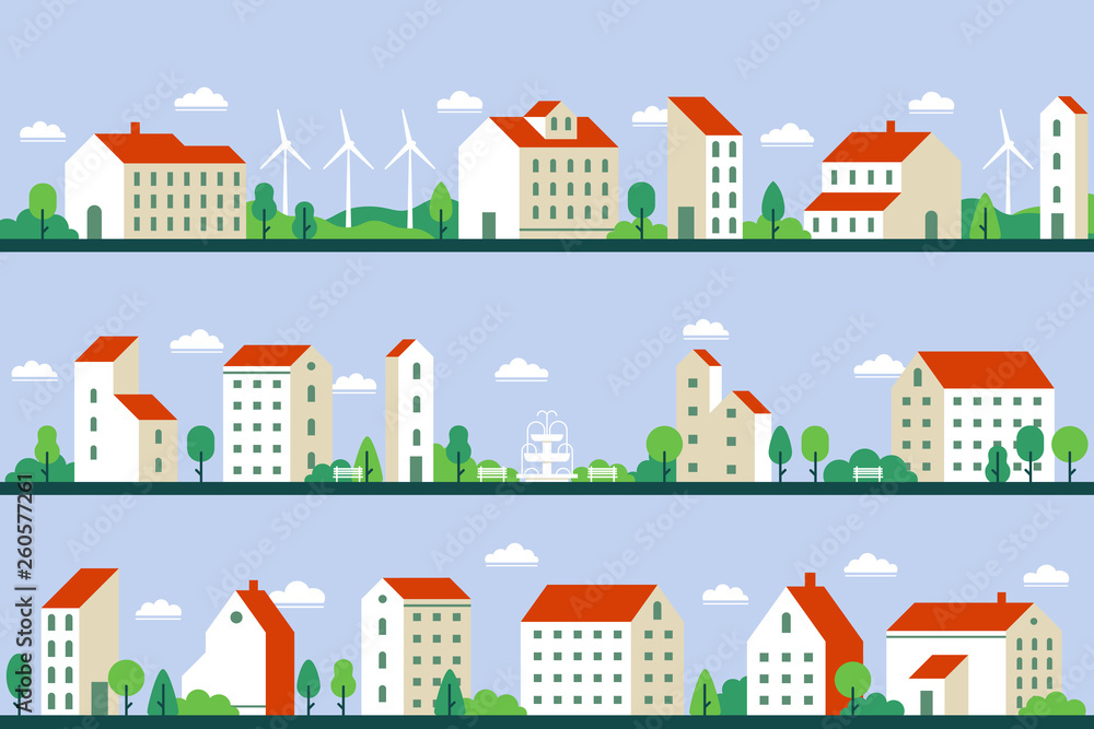 Minimal city panorama. Townhouses buildings, townscape and cityscape building geometric style flat vector illustration set