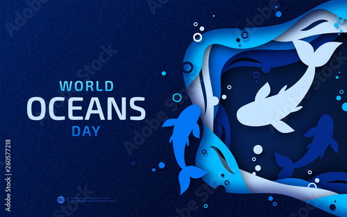World Oceans Day, paper art. Global celebrate dedicated to help protect and conserve world oceans, problem of water plastic pollution, ecosystem, ecology. Poster with blue origami of sea waves, fishes