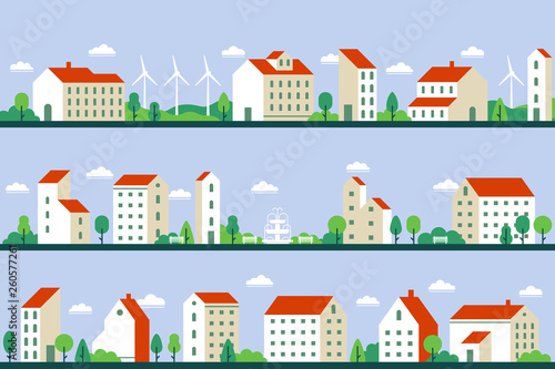 Minimal city panorama. Townhouses buildings, townscape and cityscape building geometric style flat vector illustration set