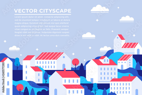 City buildings landing page. Town apartment banner, building apartments cityscape and modern townscape panorama vector illustration