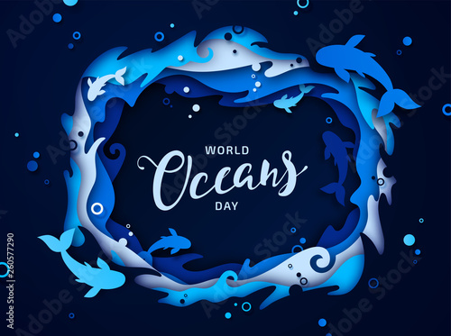 World Oceans Day, paper art. Global celebrate dedicated to help protect and conserve world oceans, problem of water plastic pollution, ecosystem, ecology. Poster with blue origami of sea waves, fishes