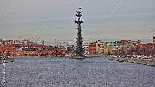 Peter 1 monument on Moscow river, view from Garden Ring on a spring day
