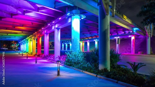 Vibrant San Antonio TX Downtown Street Scene with Colorful LED Light Channels Moving Lighting onto an Underpass Architecture photo