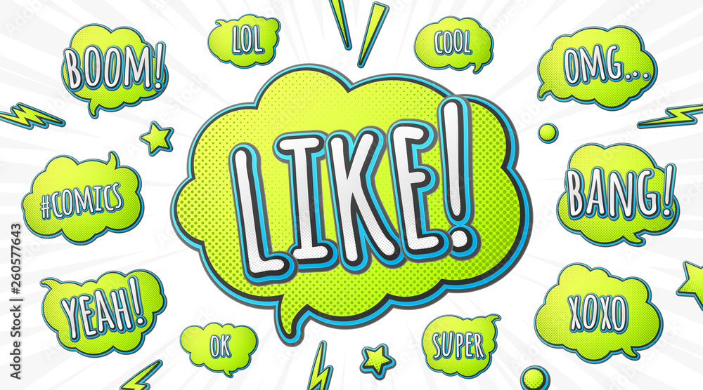 Cartoon speech bubbles and quotes in comics book and pop art style. Set of stickers and banners with halftone effect for blog and web. Vector illustration