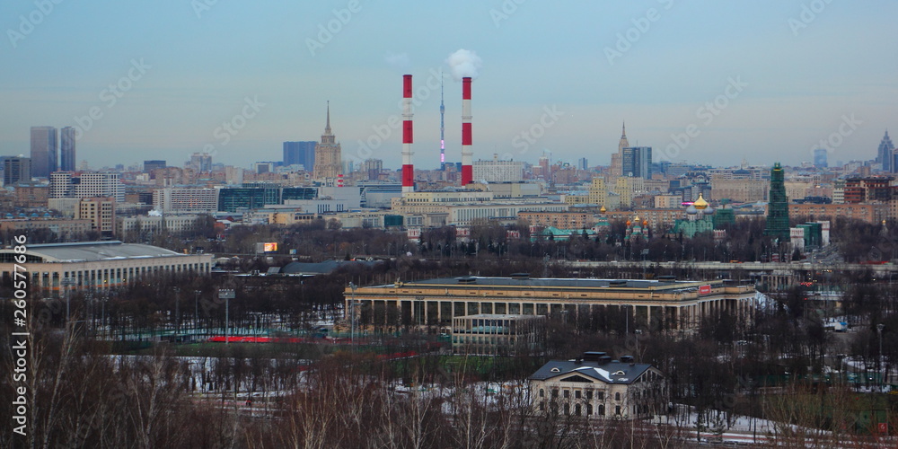 Evening view of Moscow from observation deck in the spring
