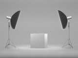 White pedestal for display,Platform for design,Blank product stand with Soft Box Light. 3D rendering