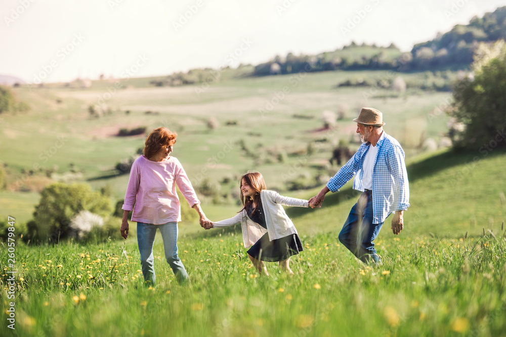 Senior couple with granddaughter outside in spring nature. Senior couple with granddaughter outside in spring nature.