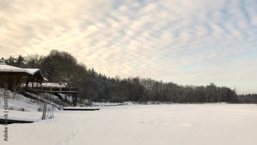 Winter landscape lake snow country house sky Winter landscape lake snow country house sky