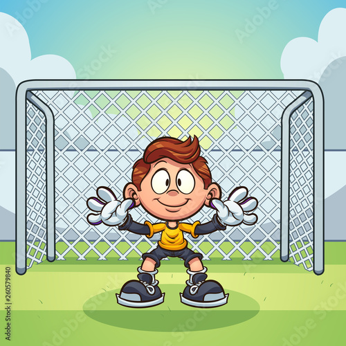 Goal keeper kid with soccer goal  background clip art. Vector illustration with simple gradients. Some elements on separate layers. 