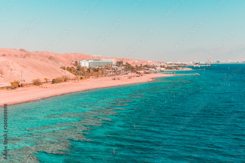 Fototapeta premium Top view from the Red Sea in Eilat, Israel