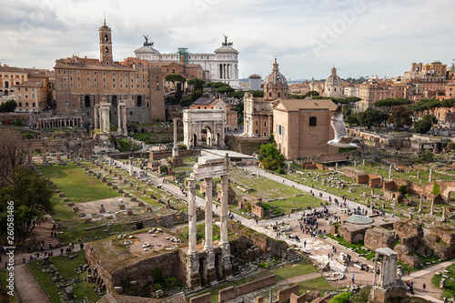 The view of the Roman forum, city square in ancient Rome, ancient architecture and cityscape of old Rome, Italy 